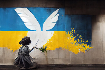 Graffiti of a girl and freedom dove with Ukrainian flag colors