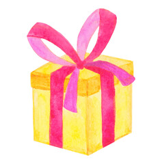 Watercolor yellow gift box with pink ribbon. Illustration of a gift for Christmas, Birthday. Element isolated on white background. For design, decoration, printing on paper, sticker, postcard.
