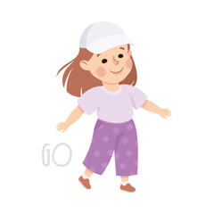 Little Girl in Baseball Cap Going Demonstrating Vocabulary and Verb Studying Vector Illustration