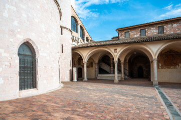 Fototapeta premium Ancient Papal basilica of San Francesco of Assisi. Art and religion. Black and white