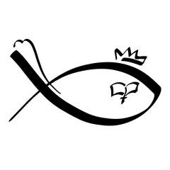 christian symbol, ichthyus with open bible, crown, cross and heart, black outline on white background