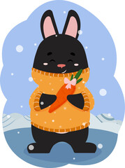 Cartoon black rabbit holding a gift carrot in its paws