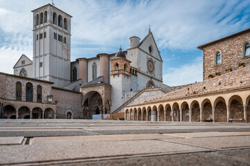 Fototapeta premium Ancient Papal basilica of San Francesco of Assisi. Art and religion. Black and white