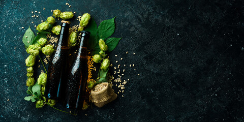 Fresh hop, glasses and beer. Dark beer in glass bottles on a black stone background. Beer banner.