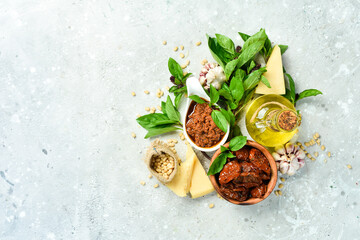 Preparation of traditional Italian pesto sauce with dried tomatoes. Ingredients: basil, parmesan,...