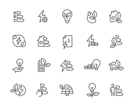 Simple set of Energy saving icons. Such as the level of electricity consumption, energy-saving appliances, low consumption, billing and others. editable vector stroke.