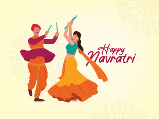 Happy Navratri Text with vector illustration of woman and Man playing Dandiya dance, Garba night poster for Navratri Dussehra festival of India. 