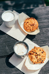 Two mugs of cappuccino with oatmeal cookies on the table in a farm cafe.