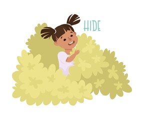 Little Girl Hiding in Green Bush as Demonstration of Vocabulary and Verb Studying Vector Illustration