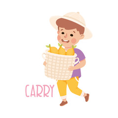 Little Boy Carrying Basket Full of Lemons as Demonstration of Vocabulary and Verb Studying Vector Illustration