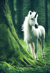 Obraz na płótnie Canvas Beautiful white unicorn in a magical forest. Digital fantasy art illustration. Generative AI 