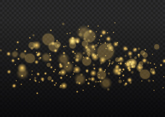 Fine, shiny dust bokeh particles fall off slightly. Blur sparks and golden stars sparkle shine with special light. Blurred lights isolated on transparent background. Christmas concept. Vector