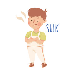 Little Boy Sulking Standing with Grumpy Face as Demonstration of Vocabulary and Verb Studying Vector Illustration