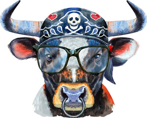 Watercolor illustration of black bull with white spot in biker bandana and glasses