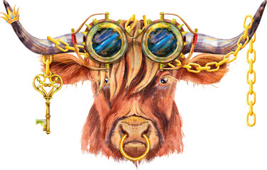 Watercolor illustration of a brown long-horned bull with steampunk glasses