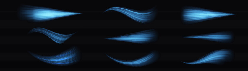Glowing motion line. Dynamic blue waves. Luminous lines of speed. Light sparkling effect. Magic speed flying trails of shine, bright shimmer particles fly. Vector illustration.