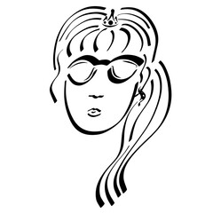 stylish modern princess in glasses and crown, black outline on white background
