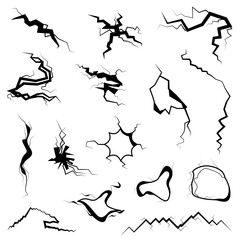 Set Black Collection Simple Line Cracked, Damaged, Hole, Earthquake, Destruction Doodle Outline Nature Element Vector Design Style Sketch Isolated Illustration
