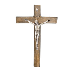 Wooden Christian crucifix of Jesus Christ isolated - obrazy, fototapety, plakaty