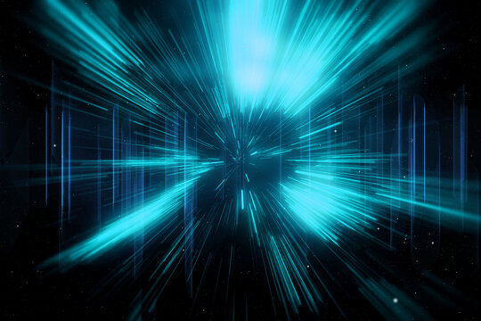 Abstract science fiction outer space flight in space hyper jump. Hyper warp space speed in the tunnel. Data flow tunnel, or time travel concept. 3D illustration