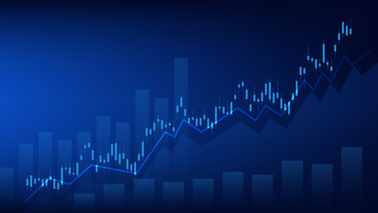 Financial business statistics with bar graph and candlestick chart show stock market price and effective earning on blue background
