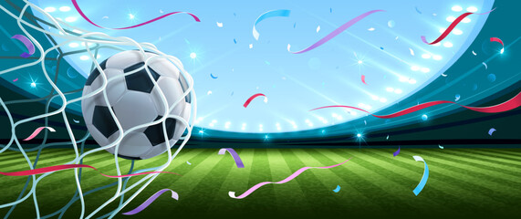 Hitting a soccer ball in a net with bright highlights and falling confetti. Soccer championship in the arena. Vector illustration - 530634745