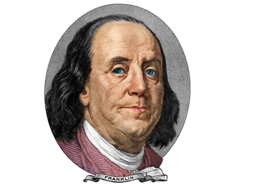 Benjamin Franklin cut on old 100 dollars banknote isolated on white background