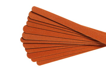 Set brown nail file for manicure and pedicure, cosmetic emery board for women isolated on white 