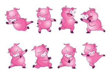 Cute pigs cartoon character cheerful funny dancing many actions