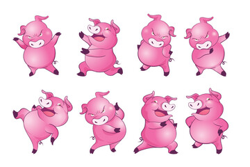 Cute pigs cartoon character cheerful funny dancing many actions