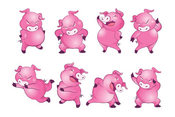 Cute pigs cartoon character cheerful funny dancing many actions