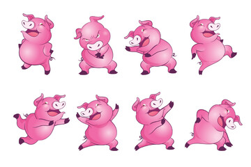Cute pigs cartoon character cheerful funny dancing many actions