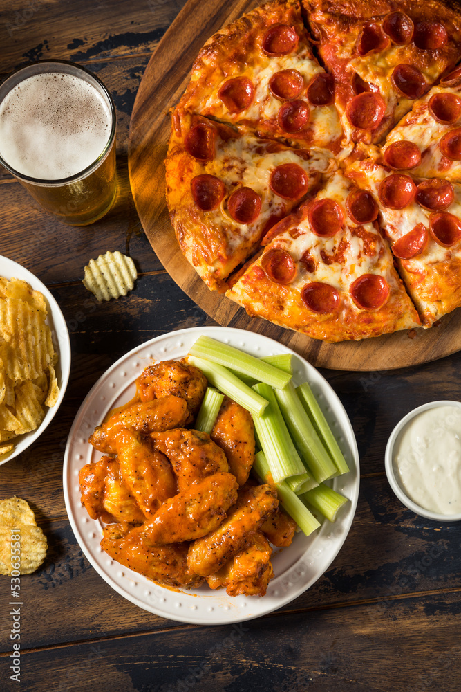 Canvas Prints Homemade Pepperoni Pizza Chicken Wings and Beer