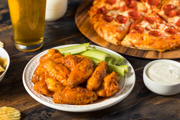 Homemade Pepperoni Pizza Chicken Wings and Beer