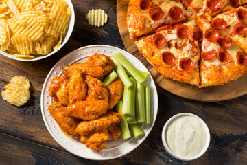 Homemade Pepperoni Pizza Chicken Wings and Beer