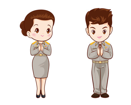 government officers in uniform couple cartoon character greeting pose