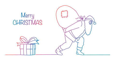 Santa Claus carries a heavy bag. Rainbow gradient.