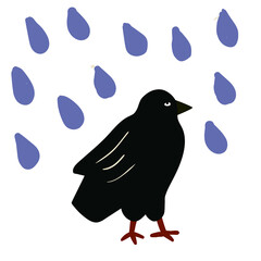 Cute autumn card design  with rooks or crow  under the rain drops. Funny print with crow in childish style for t-shirts, posters, nursary design and etc