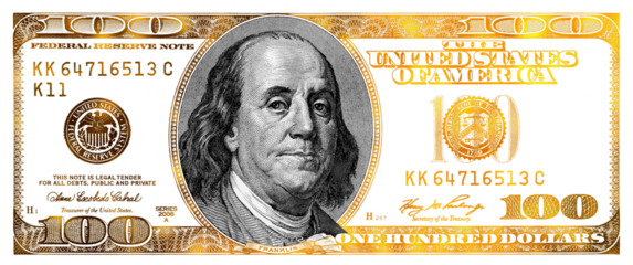 transparent golden textured 100 US dollar banknote