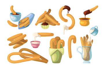 Delicious churros with chocolate sauce.cartoon illustration set. Yummy Mexican custard dessert in paper bag and glass. Traditional food, cuisine, restaurant, nutrition, menu concept.