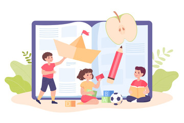 Obraz premium Children devoting time to learning flat vector illustration. Tiny girl and boys reading book, playing with cubes, developing new skills. Development, childhood, progress concept