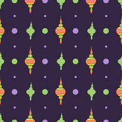 Seamless winter parttern. Purple christmas background. Textile design with yellow stars and red new year ornaments for fur tree.