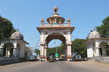 Fototapeta na wymiar The Dharmastala Gateway was built in 1995. Dharmasthala, Karnataka, India, January 30, 2020.