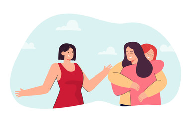 Happy woman standing next to hugging friends or girlfriends. Smiling couple embracing flat vector illustration. Love, care, friendship concept for banner, website design or landing web page