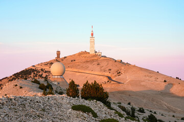 Mont Ventoux at golden hour sunset. Mountain in the Provence region of southern France, elevation 1,909 m, 6,263 ft. Famous climb in the Tour de France bicycle race. - obrazy, fototapety, plakaty
