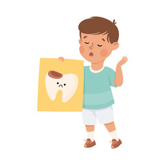 Obraz premium Cute Little Boy Holding Placard with Tooth Caries Vector Illustration