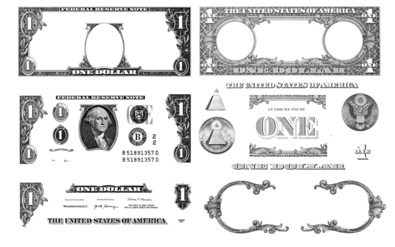 textured 1 US dollar banknote. Elements on transparent background
