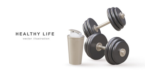 3d two realistic dumbbell and shaker - healthy life concept. Vector illustration.
