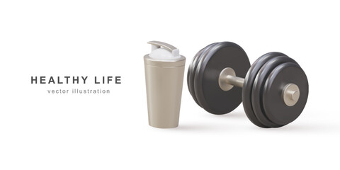 3d realistic dumbbell and shaker - healthy life concept. Vector illustration.