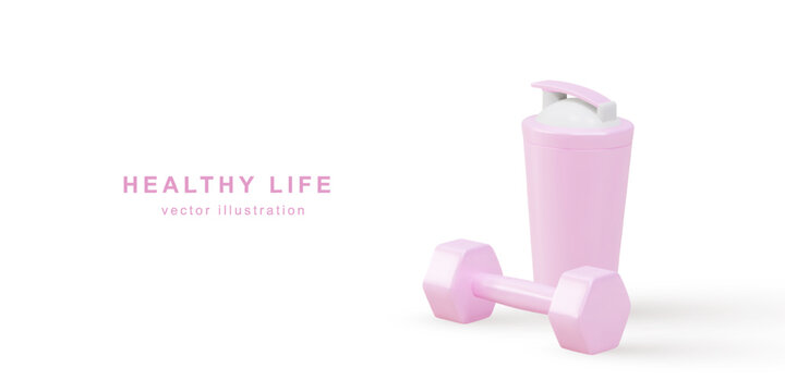 3d realistic pink dumbbell and shaker - gym time concept. Vector illustration.